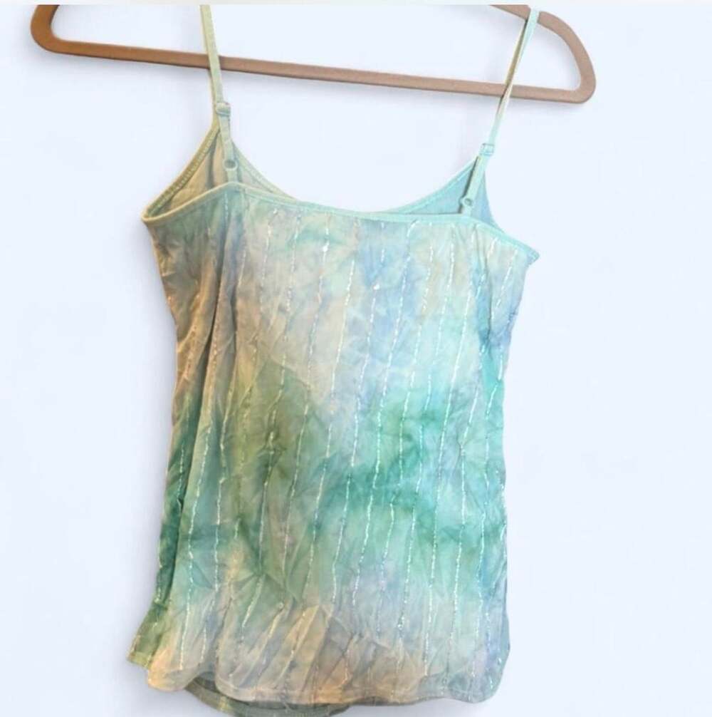 Vintage Tie-Dye Sparkle Cami Top, Green & Blue Watercolor with sequence , Size M